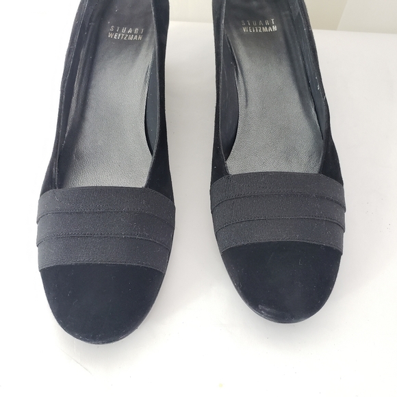Stuart Weitzman black suede wedge elastic fabric wrap round toe 8.5 NARROW - Picture 3 of 9